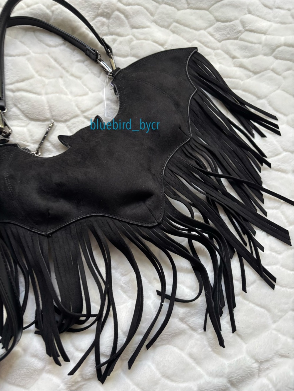 Betsey Johnson Black Bat-Shaped Crossbody Bag with Fringe - Picture 11 of 13